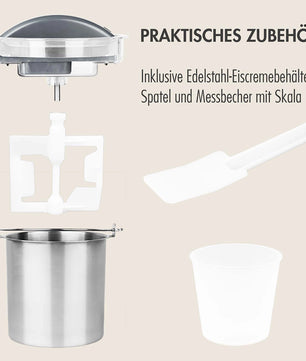 Eiscremebehälter, Rührwerk, Spatel und Messbecher auf beigem Hintergrund; Text: "Praktisches Zubehör für Ihre Gastroback Mini Gelateria 2-in-1 Eismaschine - schwarz".