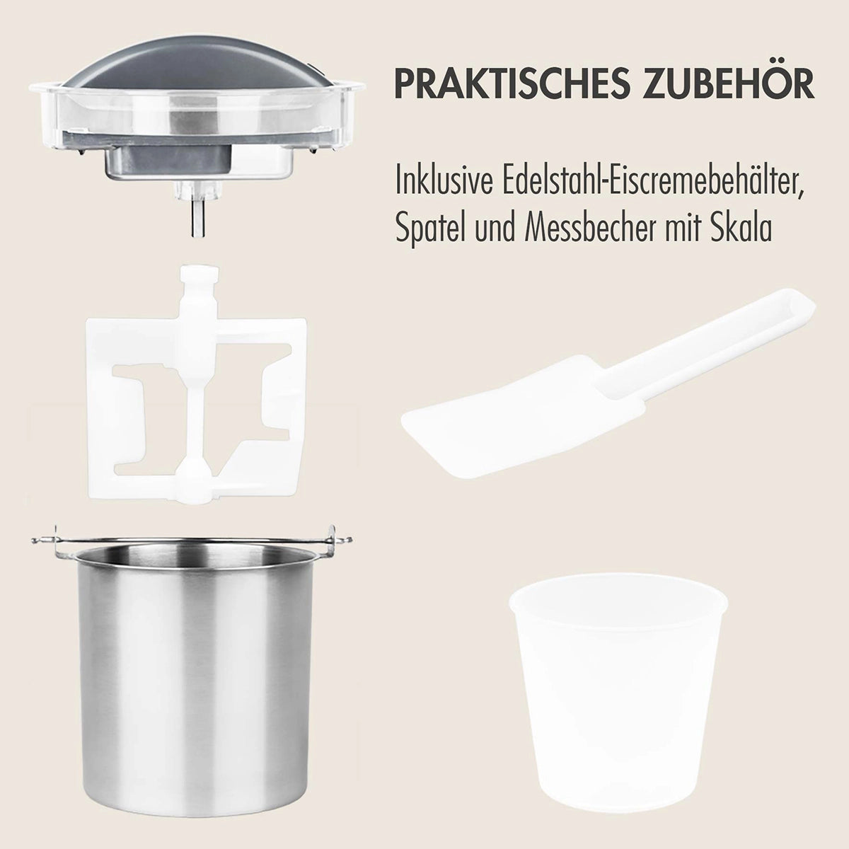Eiscremebehälter, Rührwerk, Spatel und Messbecher auf beigem Hintergrund; Text: "Praktisches Zubehör für Ihre Gastroback Mini Gelateria 2-in-1 Eismaschine - schwarz".