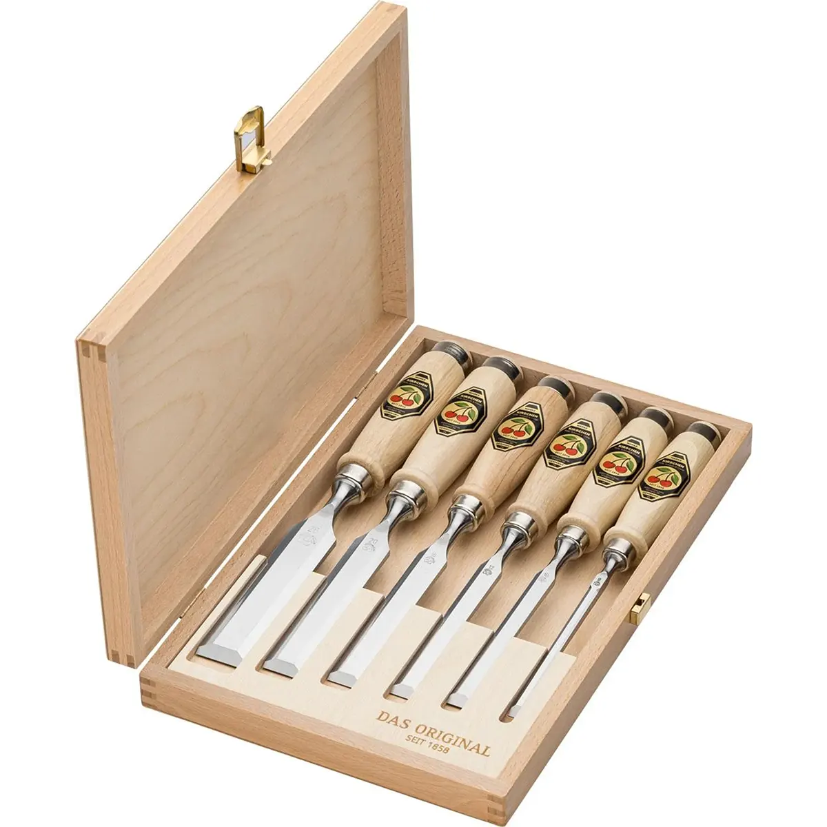 Eine Holzkiste enthält den Kirschen 1101 HK Stechbeitelsatz - braun: sechs Stechbeitel mit leichten Griffen von Kirschen, übersichtlich angeordnet und perfekt für präzise Holzarbeiten.