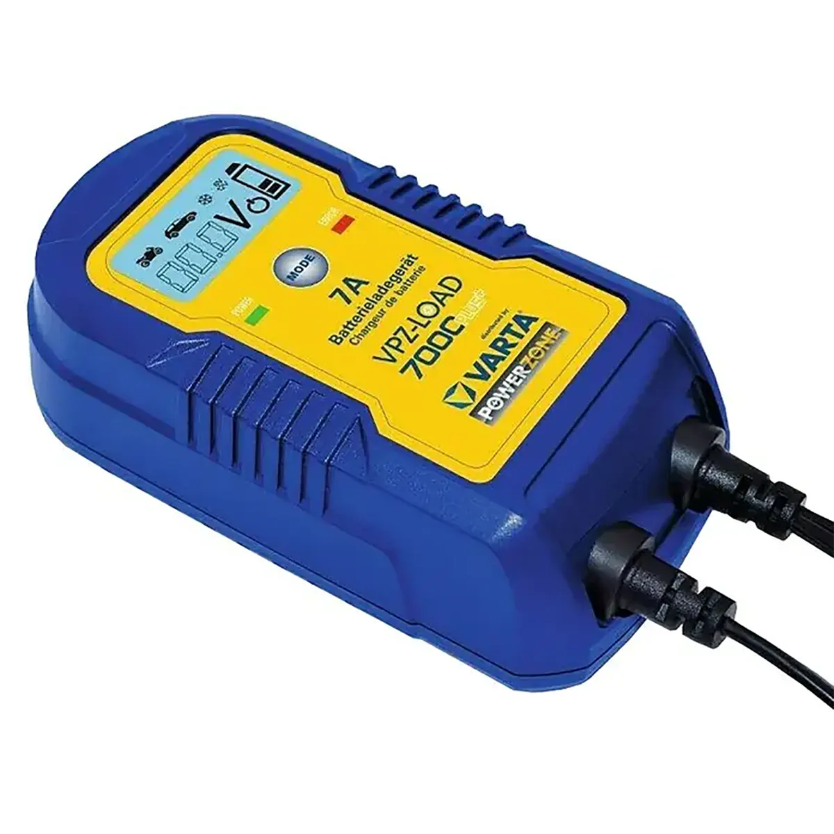 Das blaue VARTA VZP 7000 Next Batterieladegerät von VARTA verfügt über LED-Anzeigen auf der Oberseite, zwei angeschlossene Kabel und dient als automatisches Ladegerät für 12-V- und 24-V-Fahrzeugbatterien.