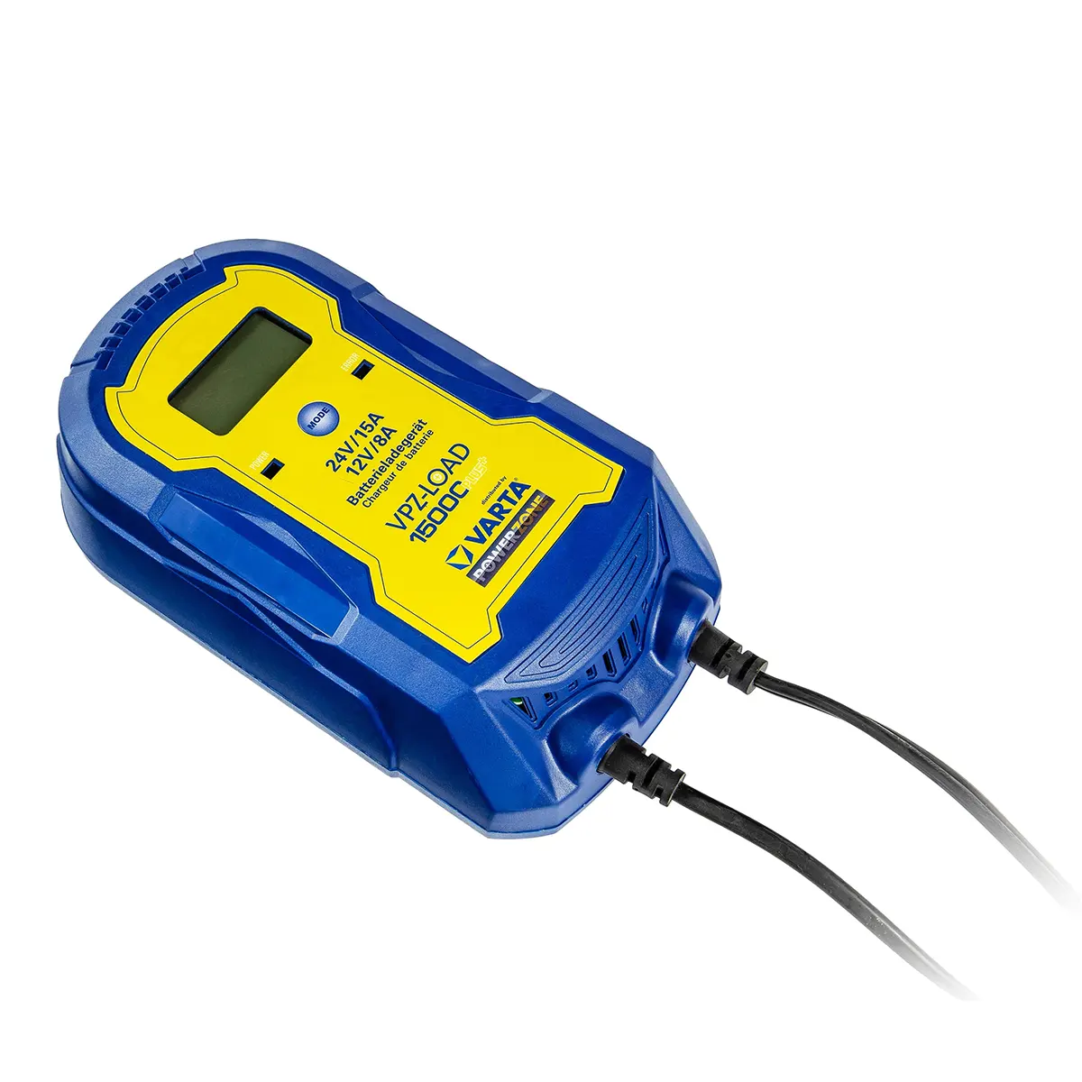 Blaues VARTA Powerzone VPZ-LOAD 15000 Plus-Batterieladegerät mit angeschlossenen Kabeln, von oben auf weißem Hintergrund, zum Laden von 12-V- und 24-V-Fahrzeugbatterien der VARTA Powerzone.