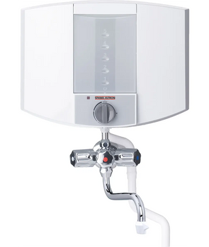 Das STIEBEL ELTRON KBA 5 KA Kochendwassergerät in Weiß ist ein an der Wand montierter elektrischer Warmwasserbereiter mit einem Fassungsvermögen von 5 Litern, der über zwei Drehregler und einen geschwungenen Metallhahn an der Unterseite verfügt – ideal für eine schnelle und bequeme Warmwasserversorgung.