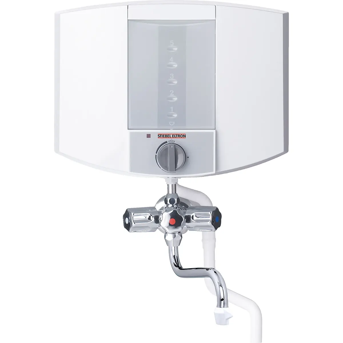 Das STIEBEL ELTRON KBA 5 KA Kochendwassergerät in Weiß ist ein an der Wand montierter elektrischer Warmwasserbereiter mit einem Fassungsvermögen von 5 Litern, der über zwei Drehregler und einen geschwungenen Metallhahn an der Unterseite verfügt – ideal für eine schnelle und bequeme Warmwasserversorgung.