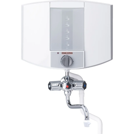 Das STIEBEL ELTRON KBA 5 KA Kochendwassergerät in Weiß ist ein an der Wand montierter elektrischer Warmwasserbereiter mit einem Fassungsvermögen von 5 Litern, der über zwei Drehregler und einen geschwungenen Metallhahn an der Unterseite verfügt – ideal für eine schnelle und bequeme Warmwasserversorgung.