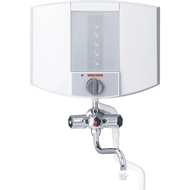 Das STIEBEL ELTRON KBA 5 KA Kochendwassergerät in Weiß ist ein an der Wand montierter elektrischer Warmwasserbereiter mit einem Fassungsvermögen von 5 Litern, der über zwei Drehregler und einen geschwungenen Metallhahn an der Unterseite verfügt – ideal für eine schnelle und bequeme Warmwasserversorgung.