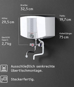 Das STIEBEL ELTRON KBA 5 KA Warmwassergerät in Weiß verfügt über deutlich gekennzeichnete Abmessungen und technische Daten wie Höhe, Breite und Kabellänge – ideal, um in Ihrem Haushalt sofort heißes Wasser bereitzustellen.