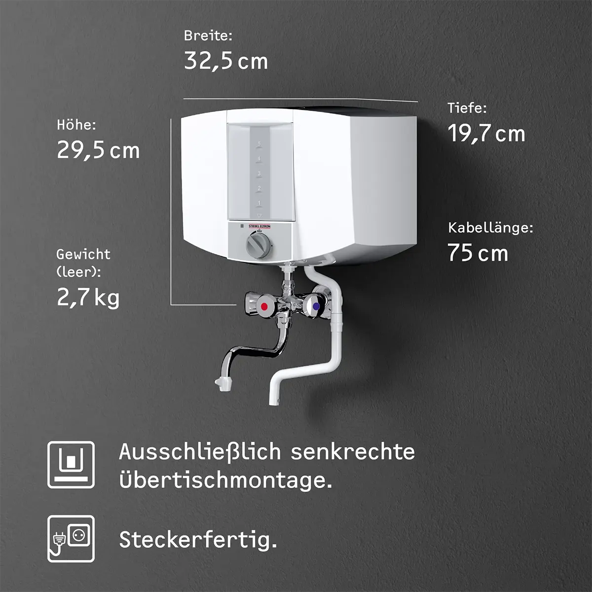 Das STIEBEL ELTRON KBA 5 KA Warmwassergerät in Weiß verfügt über deutlich gekennzeichnete Abmessungen und technische Daten wie Höhe, Breite und Kabellänge – ideal, um in Ihrem Haushalt sofort heißes Wasser bereitzustellen.