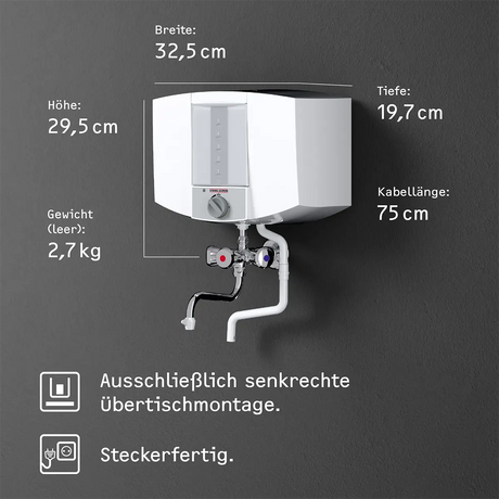 Das STIEBEL ELTRON KBA 5 KA Warmwassergerät in Weiß verfügt über deutlich gekennzeichnete Abmessungen und technische Daten wie Höhe, Breite und Kabellänge – ideal, um in Ihrem Haushalt sofort heißes Wasser bereitzustellen.