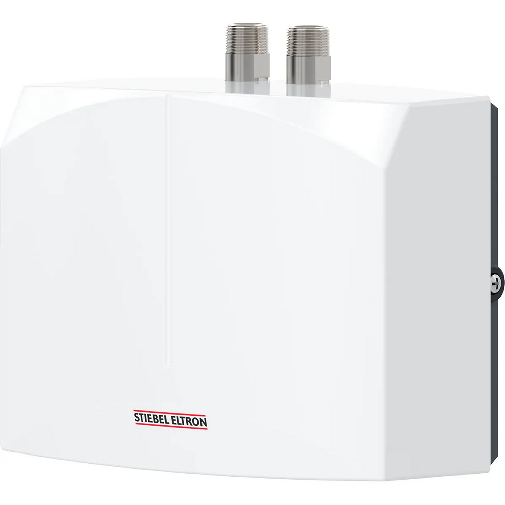 Der STIEBEL ELTRON DNM 6 Durchlauferhitzer in weiß ist ein kompakter, rechteckiger Durchlauferhitzer mit zwei oberen Metallanschlüssen - perfekt für effizientes Warmwasser an Ihrem Handwaschbecken.