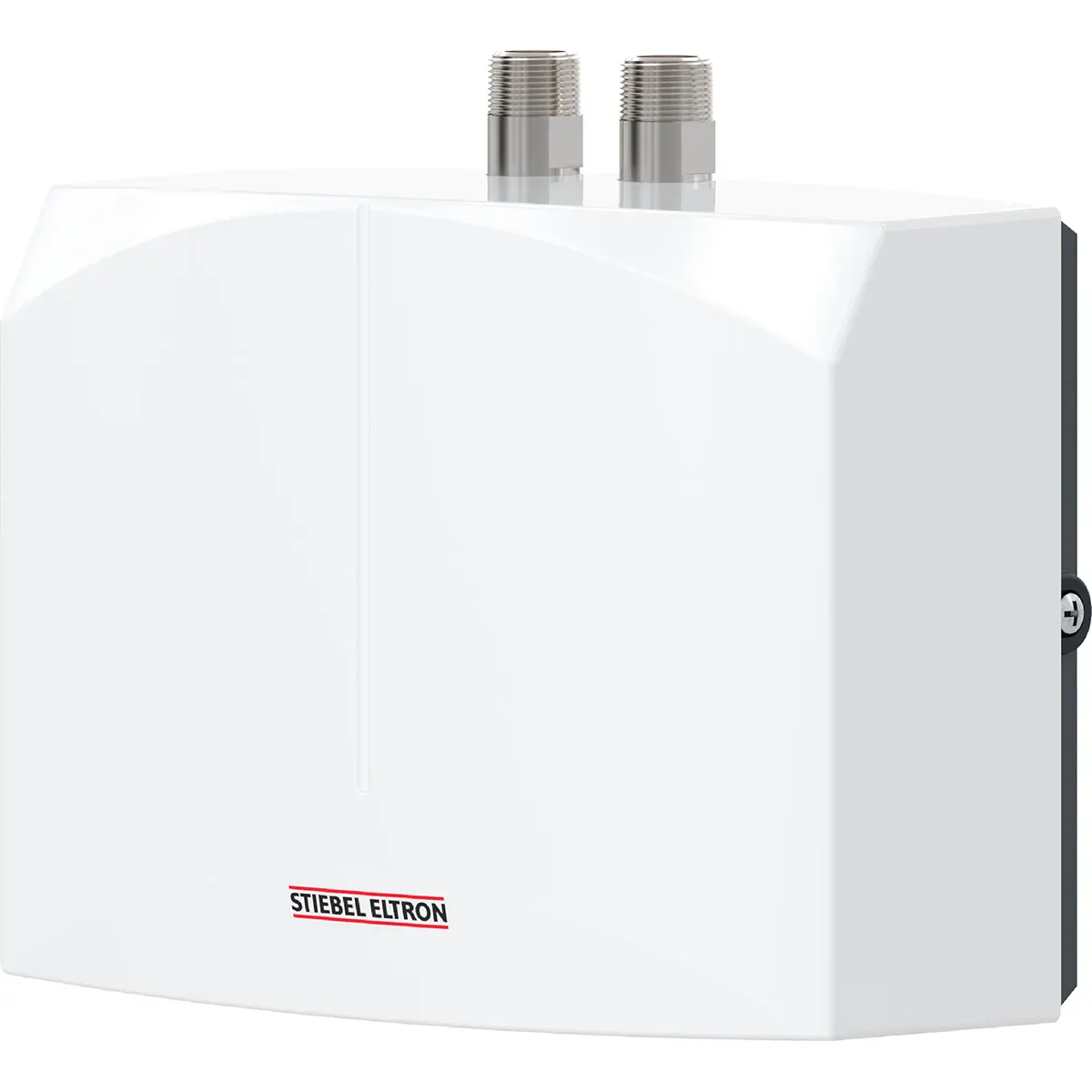 Der STIEBEL ELTRON DNM 6 Durchlauferhitzer in weiß ist ein kompakter, rechteckiger Durchlauferhitzer mit zwei oberen Metallanschlüssen - perfekt für effizientes Warmwasser an Ihrem Handwaschbecken.