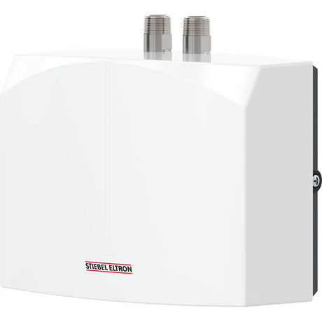 Der STIEBEL ELTRON DNM 6 Durchlauferhitzer in weiß ist ein kompakter, rechteckiger Durchlauferhitzer mit zwei oberen Metallanschlüssen - perfekt für effizientes Warmwasser an Ihrem Handwaschbecken.