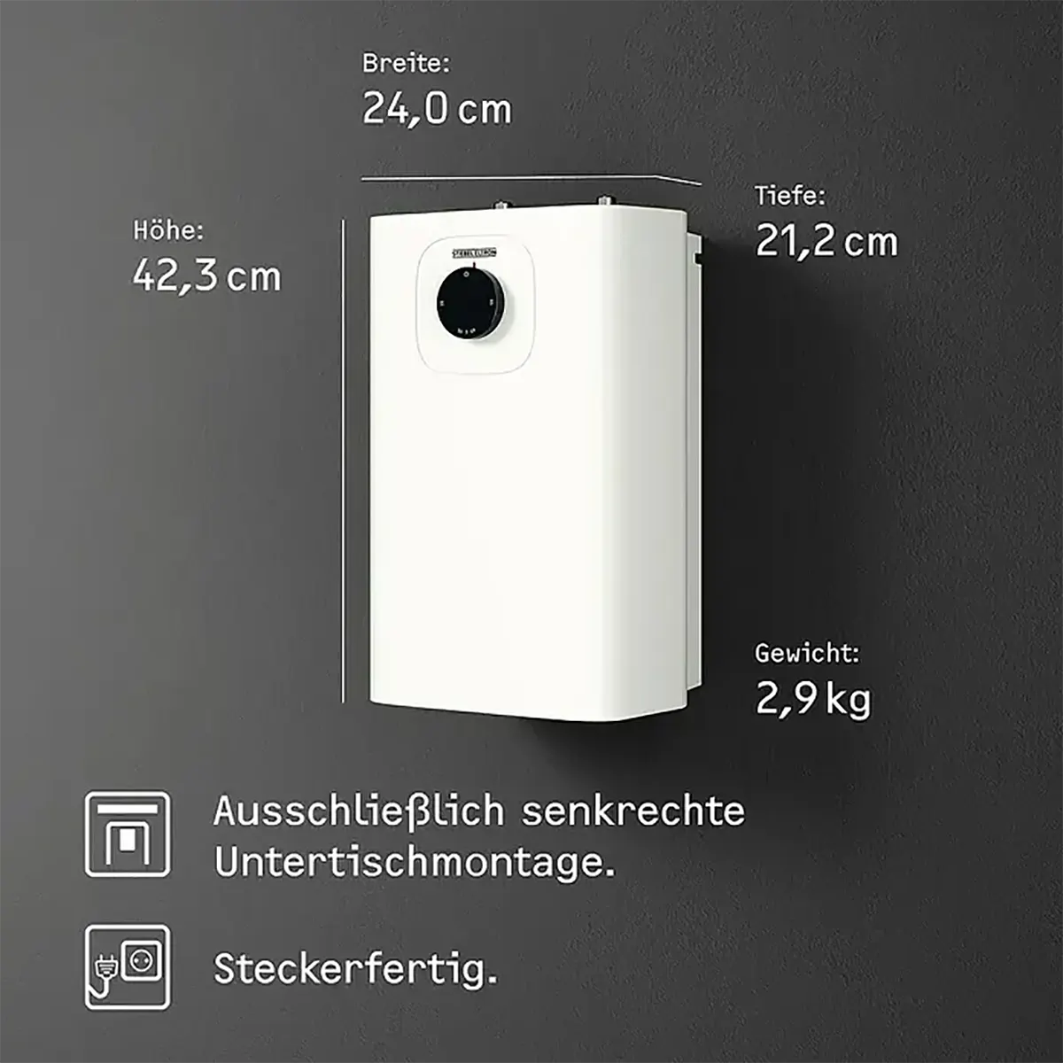 Der STIEBEL ELTRON UFP 5 Trend Kleinspeicher – weiß ist ein weißes, rechteckiges Gerät, das an einer dunklen Wand montiert ist und über beschriftete Maßangaben sowie Symbole verfügt, die eine einfache Installation und den sofortigen Einsatz ermöglichen; ideal als kompakter Warmwasserspeicher und perfekt für die Untertischmontage geeignet.
