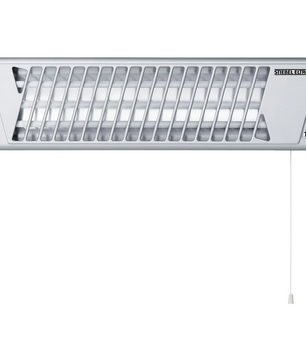 Der STIEBEL ELTRON IW 120 Infrarot-Heizstrahler – silber ist ein an der Wand montierter Elektroheizstrahler mit Zugschnur, belüfteter Frontblende und eleganter silberner Oberfläche – ideal als Badezimmer-Heizstrahler. Dieses Modell von STIEBEL ELTRON sorgt dank zuverlässiger Infrarot-Heiztechnik für effiziente, gezielte Wärme.