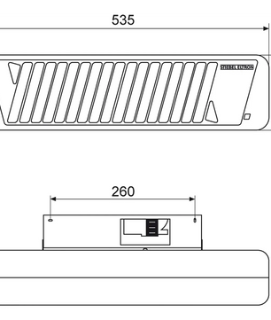 Strichzeichnung eines rechteckigen Wandheizstrahlers, wie beispielsweise des STIEBEL ELTRON IW 120 Infrarot-Heizstrahlers – silber von STIEBEL ELTRON, mit den Abmessungen: 535 mm breit, 145 mm hoch und 260 mm tief.