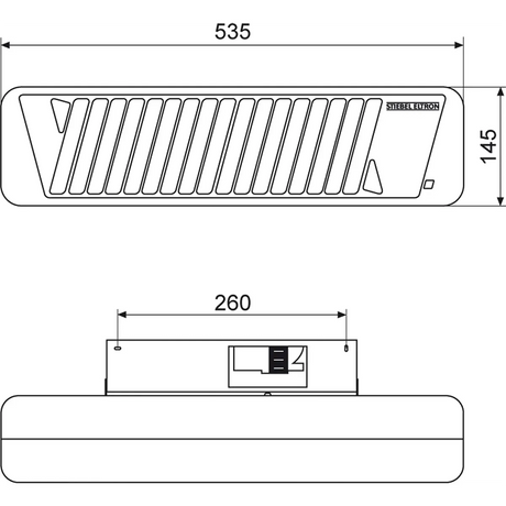 Strichzeichnung eines rechteckigen Wandheizstrahlers, wie beispielsweise des STIEBEL ELTRON IW 120 Infrarot-Heizstrahlers – silber von STIEBEL ELTRON, mit den Abmessungen: 535 mm breit, 145 mm hoch und 260 mm tief.