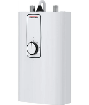 Der kompakte Durchlauferhitzer STIEBEL ELTRON DCE 11/13 in Weiß verfügt über einen Temperaturregler und drei freiliegende Rohranschlüsse an der Oberseite und eignet sich somit ideal für eine zuverlässige Warmwasserversorgung.