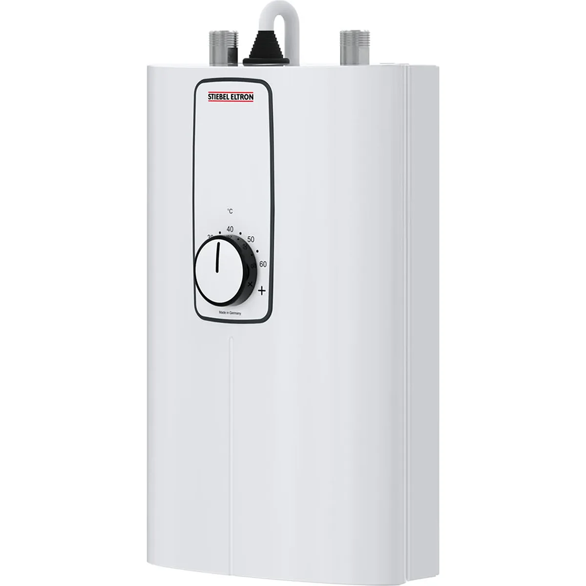 Der kompakte Durchlauferhitzer STIEBEL ELTRON DCE 11/13 in Weiß verfügt über einen Temperaturregler und drei freiliegende Rohranschlüsse an der Oberseite und eignet sich somit ideal für eine zuverlässige Warmwasserversorgung.