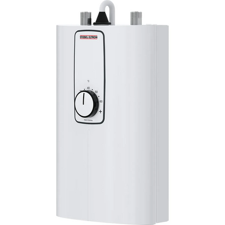 Der kompakte Durchlauferhitzer STIEBEL ELTRON DCE 11/13 in Weiß verfügt über einen Temperaturregler und drei freiliegende Rohranschlüsse an der Oberseite und eignet sich somit ideal für eine zuverlässige Warmwasserversorgung.