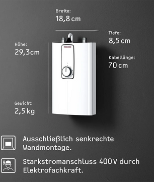 Der kompakte Durchlauferhitzer STIEBEL ELTRON DCE 11/13 in Weiß ist an einer grauen Wand montiert; auf der Vorderseite sind die Abmessungen und Montageanweisungen angegeben – ideal für eine effiziente Warmwasserversorgung.