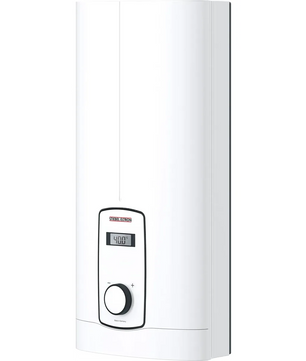 Der STIEBEL ELTRON DHB-E 18/21/24 LCD-Durchlauferhitzer in Weiß ist ein moderner elektrischer Warmwasserbereiter mit 3i-Technologie, einem gut ablesbaren Display und einem runden Drehknopf an der Vorderseite für eine effiziente Warmwasserversorgung.