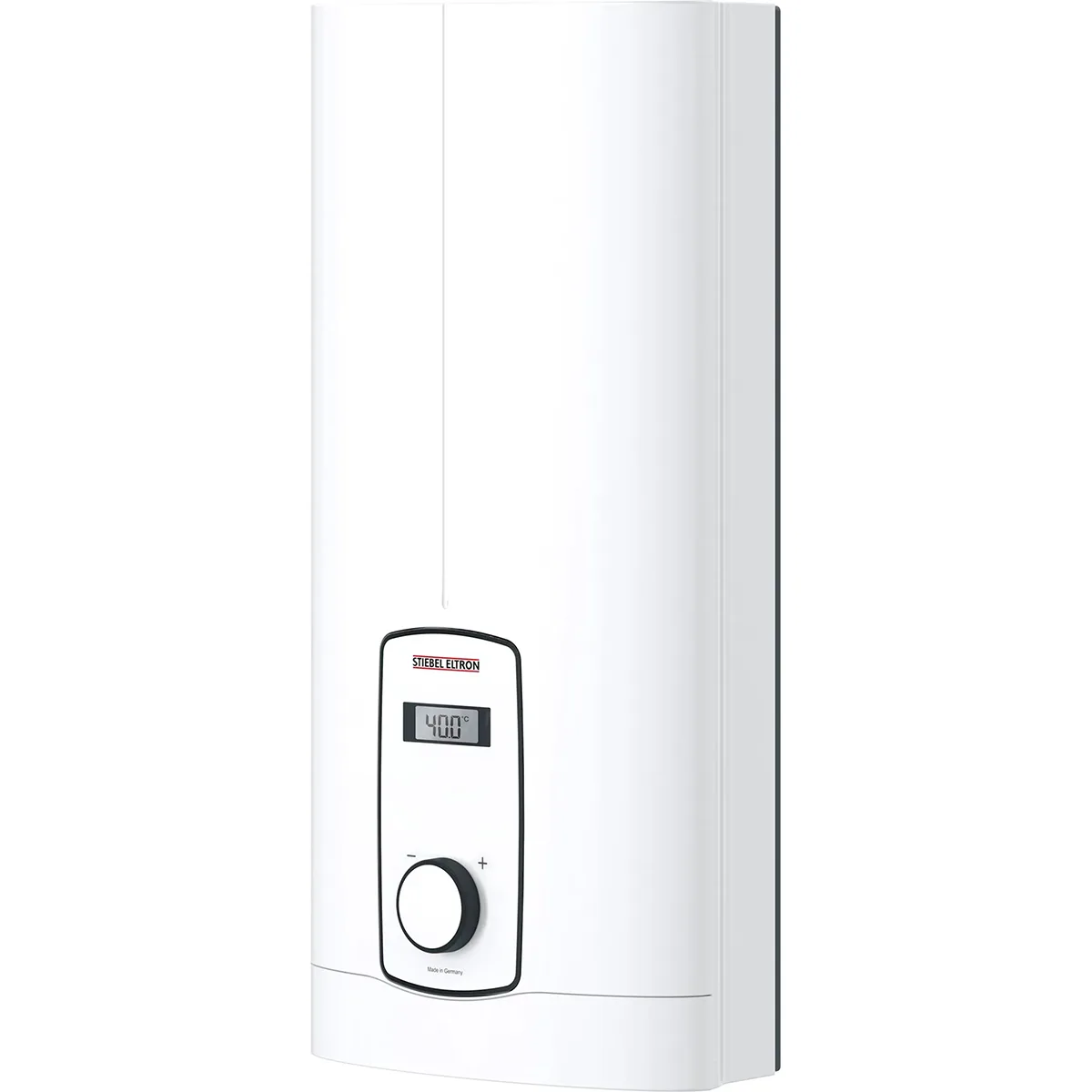 Der STIEBEL ELTRON DHB-E 18/21/24 LCD-Durchlauferhitzer in Weiß ist ein moderner elektrischer Warmwasserbereiter mit 3i-Technologie, einem gut ablesbaren Display und einem runden Drehknopf an der Vorderseite für eine effiziente Warmwasserversorgung.