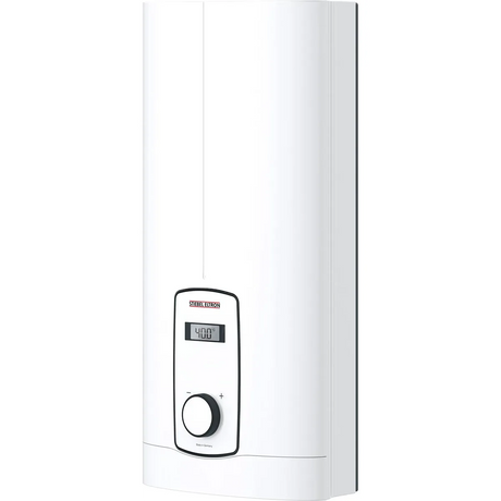 Der STIEBEL ELTRON DHB-E 18/21/24 LCD-Durchlauferhitzer in Weiß ist ein moderner elektrischer Warmwasserbereiter mit 3i-Technologie, einem gut ablesbaren Display und einem runden Drehknopf an der Vorderseite für eine effiziente Warmwasserversorgung.