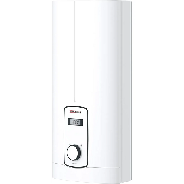 Der STIEBEL ELTRON DHB-E 18/21/24 LCD-Durchlauferhitzer in Weiß ist ein moderner elektrischer Warmwasserbereiter mit 3i-Technologie, einem gut ablesbaren Display und einem runden Drehknopf an der Vorderseite für eine effiziente Warmwasserversorgung.