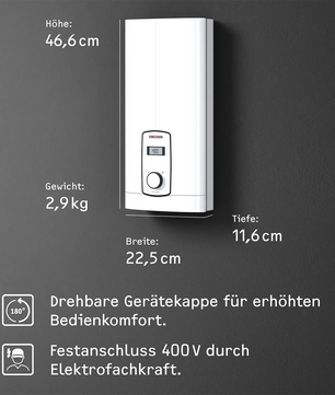 Der Durchlauferhitzer STIEBEL ELTRON DHB-E 18/21/24 LCD in Weiß ist auf einer grauen Wand montiert abgebildet, mit angegebenen Abmessungen und einer deutschen Montageanleitung. Dieses effiziente Elektrogerät von STIEBEL ELTRON sorgt für eine zuverlässige Warmwasserversorgung und verfügt über die fortschrittliche 3i-Technologie für optimale Leistung.