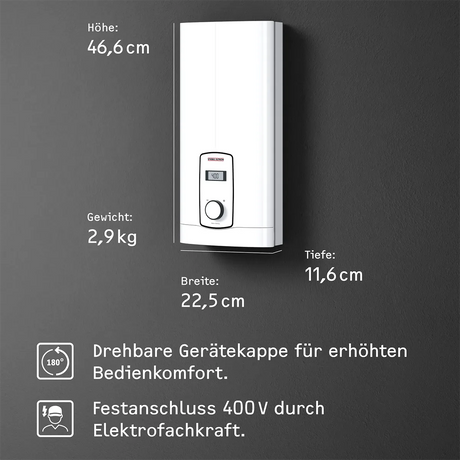 Der Durchlauferhitzer STIEBEL ELTRON DHB-E 18/21/24 LCD in Weiß ist auf einer grauen Wand montiert abgebildet, mit angegebenen Abmessungen und einer deutschen Montageanleitung. Dieses effiziente Elektrogerät von STIEBEL ELTRON sorgt für eine zuverlässige Warmwasserversorgung und verfügt über die fortschrittliche 3i-Technologie für optimale Leistung.