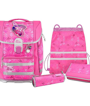 Das McNeill Biggy Schulranzen Set 5-teilig - Biggy Birdy von Mcneill besteht aus einem rosa Schmetterlingsrucksack, einem Federmäppchen, einer Mappe und einem Kordelzugbeutel mit Blattmuster. Sein ergonomisches Design sorgt für Komfort bei den täglichen Schulabenteuern.