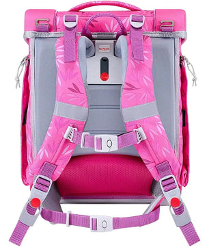 Rosa und grauer Kinderrucksack mit gepolsterten Trägern, Schnallen und Blattmuster, abgebildet aus dem Rückenteil des McNeill Biggy Schulranzen Set 5-teilig - Biggy Birdy von Mcneill.