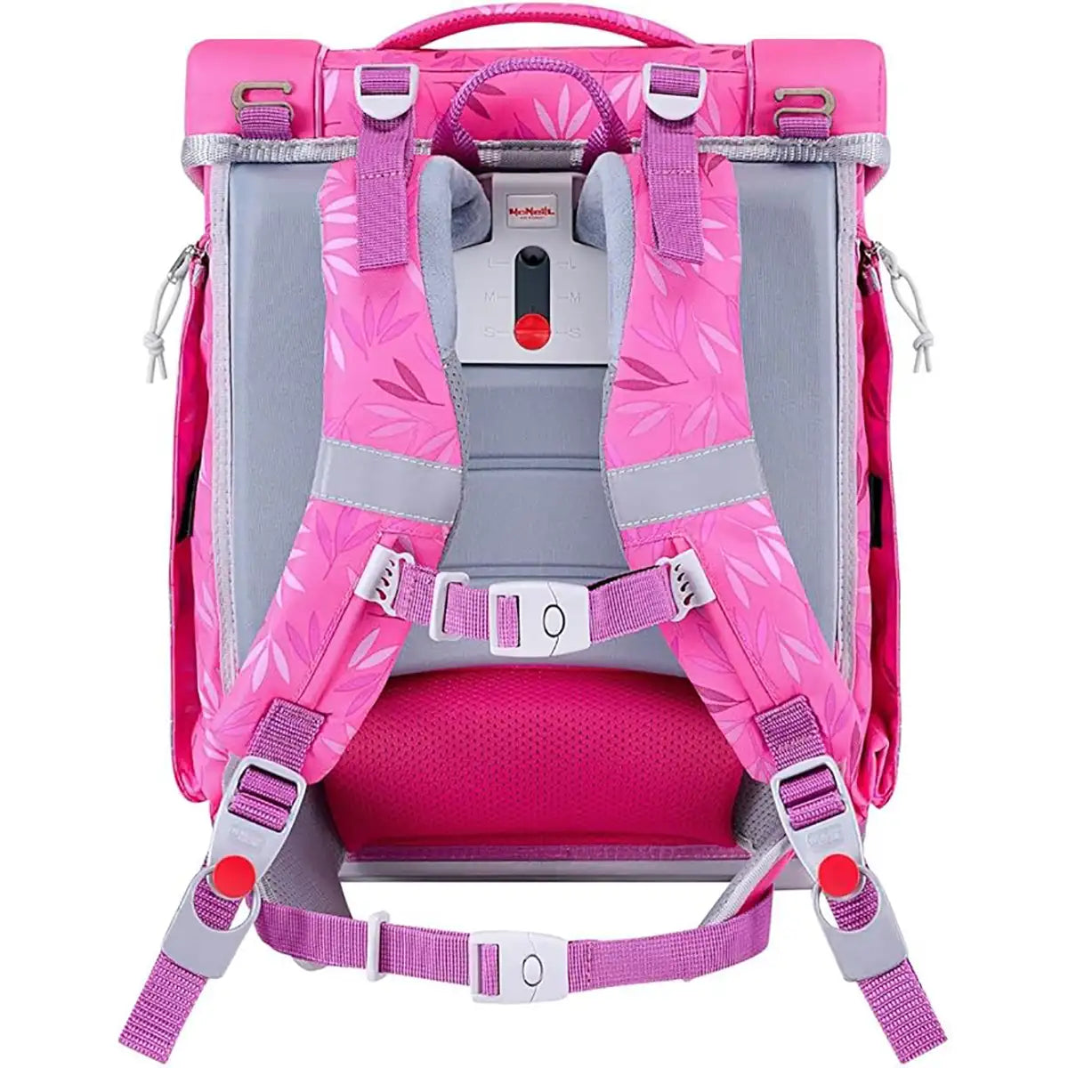 Rosa und grauer Kinderrucksack mit gepolsterten Trägern, Schnallen und Blattmuster, abgebildet aus dem Rückenteil des McNeill Biggy Schulranzen Set 5-teilig - Biggy Birdy von Mcneill.