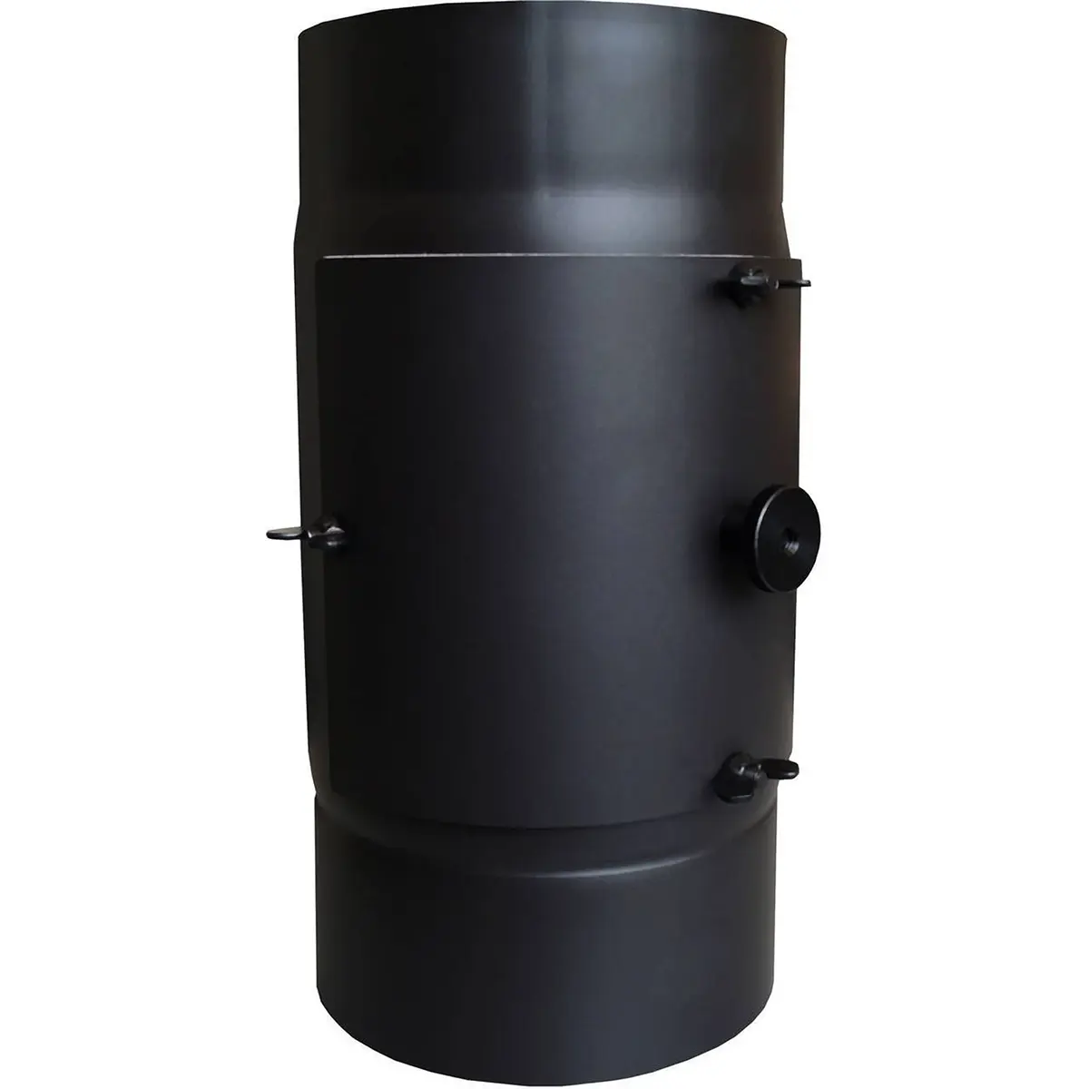 FIREFIX KaminFILTERKat R150/KAT – schwarz von FIREFIX: Ein schwarzer Metallzylinder mit Tür und Griff, der vermutlich als Außenräucherofen oder Holzofen verwendet wird und mit einem Rauchrohrfilter ausgestattet ist, abgebildet auf weißem Hintergrund.