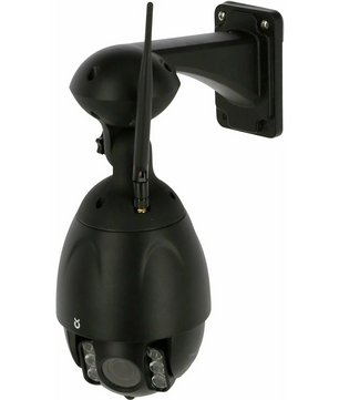 Die Kerbl IPCam 10809 Sicherheitskamera in Schwarz mit Nachtsicht und WLAN, inkl.. Antennen, montiert an einer Wandhalterung, bietet umfassenden Außenschutz für Ihr Zuhause.