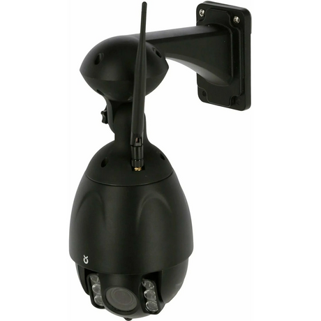 Die Kerbl IPCam 10809 Sicherheitskamera in Schwarz mit Nachtsicht und WLAN, inkl.. Antennen, montiert an einer Wandhalterung, bietet umfassenden Außenschutz für Ihr Zuhause.