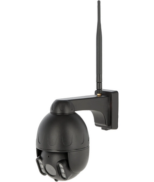 Die Kerbl IPCam 360 FHD 10825 Sicherheitskamera in Schwarz ist als Dome-Version mit Antenne auf einer Wandhalterung montiert und hebt sich isoliert vor weißem Hintergrund hervor.