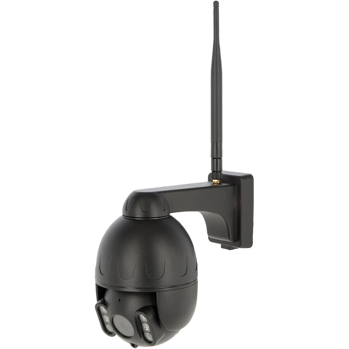 Die Kerbl IPCam 360 FHD 10825 Sicherheitskamera in Schwarz ist als Dome-Version mit Antenne auf einer Wandhalterung montiert und hebt sich isoliert vor weißem Hintergrund hervor.