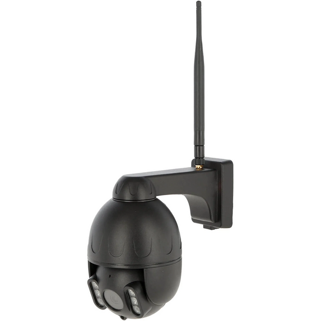 Die Kerbl IPCam 360 FHD 10825 Sicherheitskamera in Schwarz ist als Dome-Version mit Antenne auf einer Wandhalterung montiert und hebt sich isoliert vor weißem Hintergrund hervor.