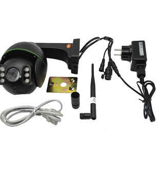 Das Kerbl IPCam 360 FHD 10825 Sicherheitskamera-Set in Schwarz eignet sich für die Außenüberwachung und enthält Montageset, Netzadapter, Kabel, Antenne sowie Installationsplatte.