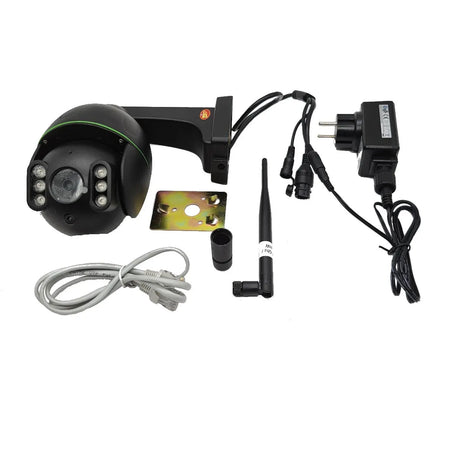 Das Kerbl IPCam 360 FHD 10825 Sicherheitskamera-Set in Schwarz eignet sich für die Außenüberwachung und enthält Montageset, Netzadapter, Kabel, Antenne sowie Installationsplatte.