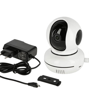 Kerbl IPCam Pet HD-Überwachungskamera – weiß von Kerbl, abgebildet mit Antenne, schwarzem Netzteil, USB-Kabel und einer kompakten Halterung vor weißem Hintergrund.