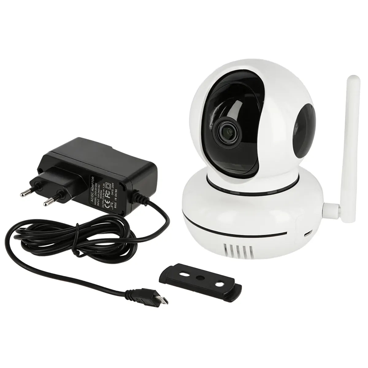 Kerbl IPCam Pet HD-Überwachungskamera – weiß von Kerbl, abgebildet mit Antenne, schwarzem Netzteil, USB-Kabel und einer kompakten Halterung vor weißem Hintergrund.
