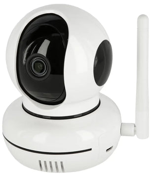 Kerbl IPCam Pet HD-Überwachungskamera – weiß, mit schwarzem Objektiv und Antenne, vor weißem Hintergrund platziert – perfekt geeignet als Innenraumkamera oder Haustierkamera für Ihre HD-Überwachungsanforderungen von Kerbl.