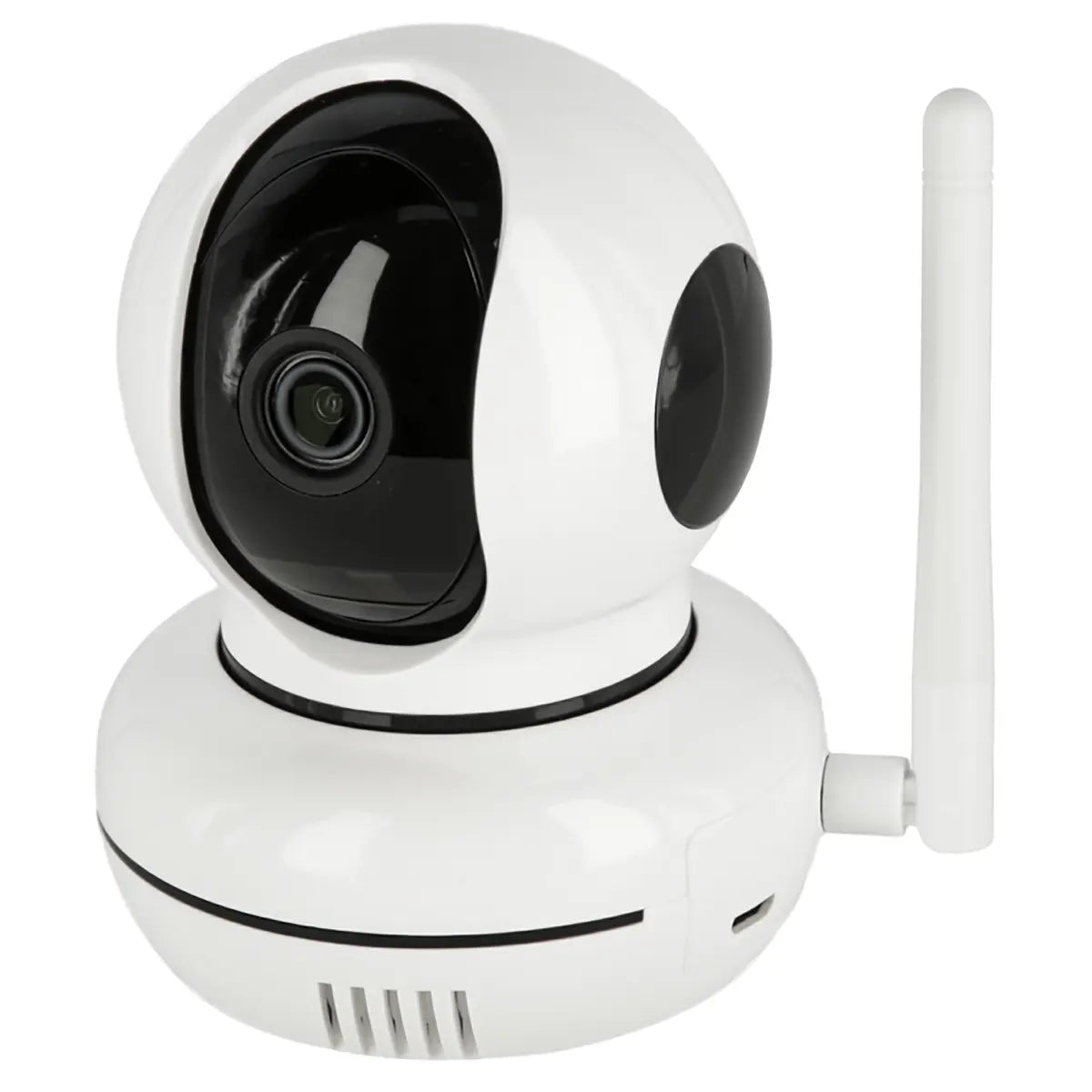 Kerbl IPCam Pet HD-Überwachungskamera – weiß, mit schwarzem Objektiv und Antenne, vor weißem Hintergrund platziert – perfekt geeignet als Innenraumkamera oder Haustierkamera für Ihre HD-Überwachungsanforderungen von Kerbl.
