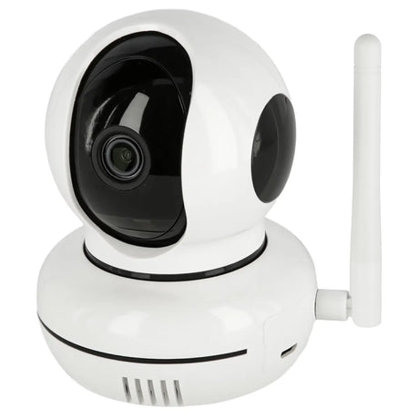 Kerbl IPCam Pet HD-Überwachungskamera – weiß, mit schwarzem Objektiv und Antenne, vor weißem Hintergrund platziert – perfekt geeignet als Innenraumkamera oder Haustierkamera für Ihre HD-Überwachungsanforderungen von Kerbl.