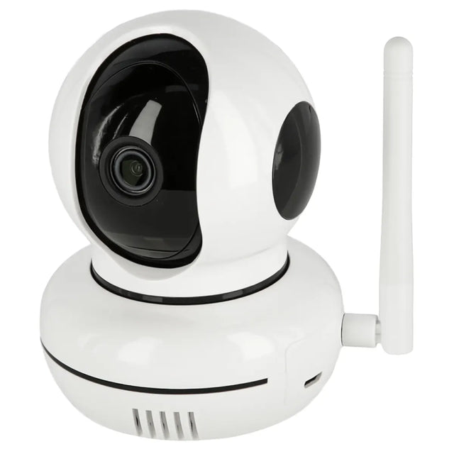Kerbl IPCam Pet HD-Überwachungskamera – weiß, mit schwarzem Objektiv und Antenne, vor weißem Hintergrund platziert – perfekt geeignet als Innenraumkamera oder Haustierkamera für Ihre HD-Überwachungsanforderungen von Kerbl.