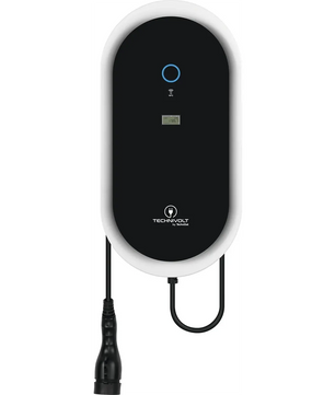 Die TechniSat TECHNIVOLT 1100 SMART Wallbox – schwarz ist eine an der Wand montierte 11-kW-Ladestation für Elektrofahrzeuge mit digitalem Display und Ladekabel – ideal für das bequeme Laden von Elektroautos zu Hause.