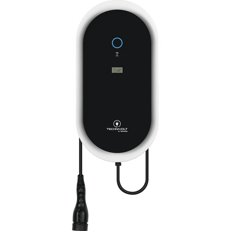 Die TechniSat TECHNIVOLT 1100 SMART Wallbox – schwarz ist eine an der Wand montierte 11-kW-Ladestation für Elektrofahrzeuge mit digitalem Display und Ladekabel – ideal für das bequeme Laden von Elektroautos zu Hause.