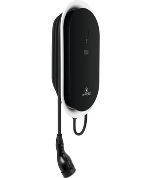 Die TechniSat TECHNIVOLT 1100 SMART Wallbox – schwarz ist eine 11-kW-Wandladestation für Elektrofahrzeuge mit festem Kabel und Stecker, ideal für das bequeme Laden Ihres Elektroautos zu Hause.