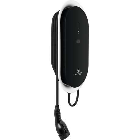 Die TechniSat TECHNIVOLT 1100 SMART Wallbox – schwarz ist eine 11-kW-Wandladestation für Elektrofahrzeuge mit festem Kabel und Stecker, ideal für das bequeme Laden Ihres Elektroautos zu Hause.